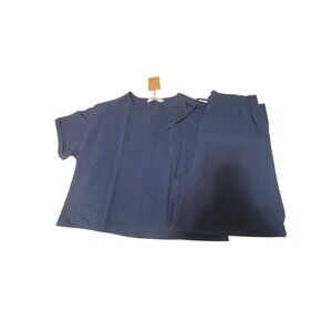 Anytree Navy Blue Cotton Linen Boxy Top & Wide Leg Pants Lounge Set L NWT